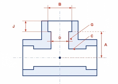 Socket-weld tee shown in section. The same letters are used for elbows, crosses and couplings. A, B and J are the dimensions that govern correct fit-up.