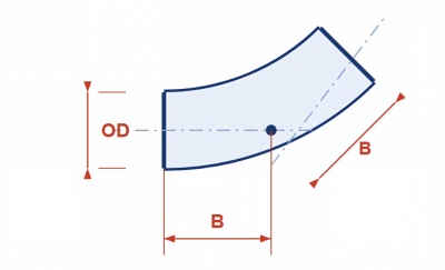 45° elbow. B is measured from the intersection of the centre lines to each end face. B = R × tan(22.5°) = 0.625 × NPS for the long radius series.