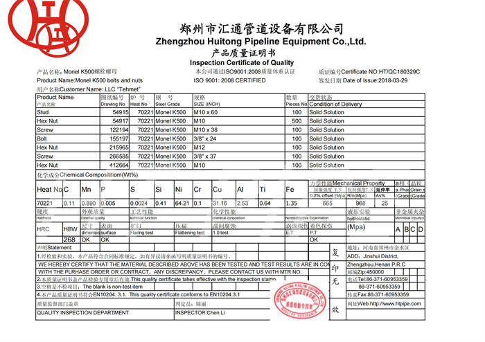 Pernos hexagonales ASME B18.2.1 de aleacion k500 exportados a Rusia